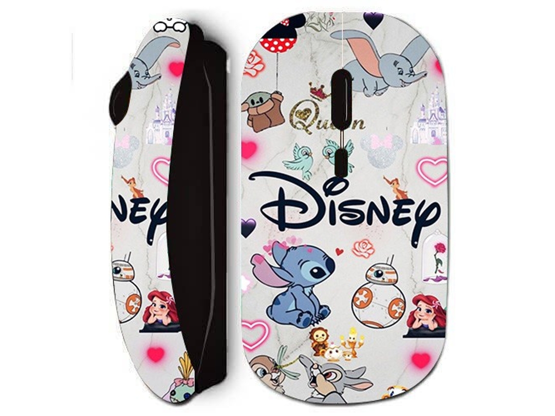Ratón inalámbrico negro con personajes de Disney, Stitch, Ariel y Dumbo.