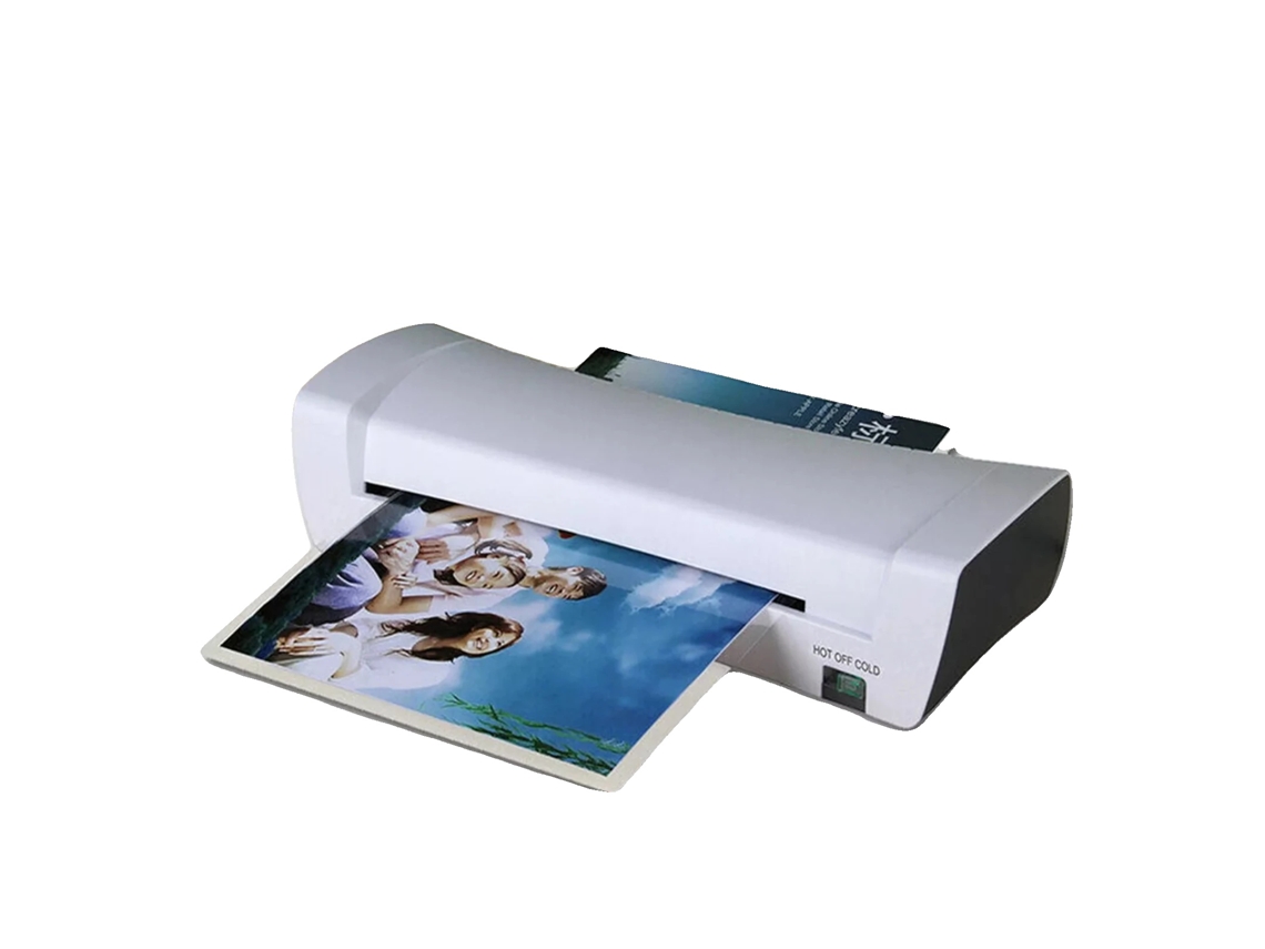 Plastificadora de 230 mm de ancho, velocidad de 13,98 pulgadas/min, compatible con papel A4, A5 y A6, modos de impresión en caliente y en frío, diseño antiatascos.