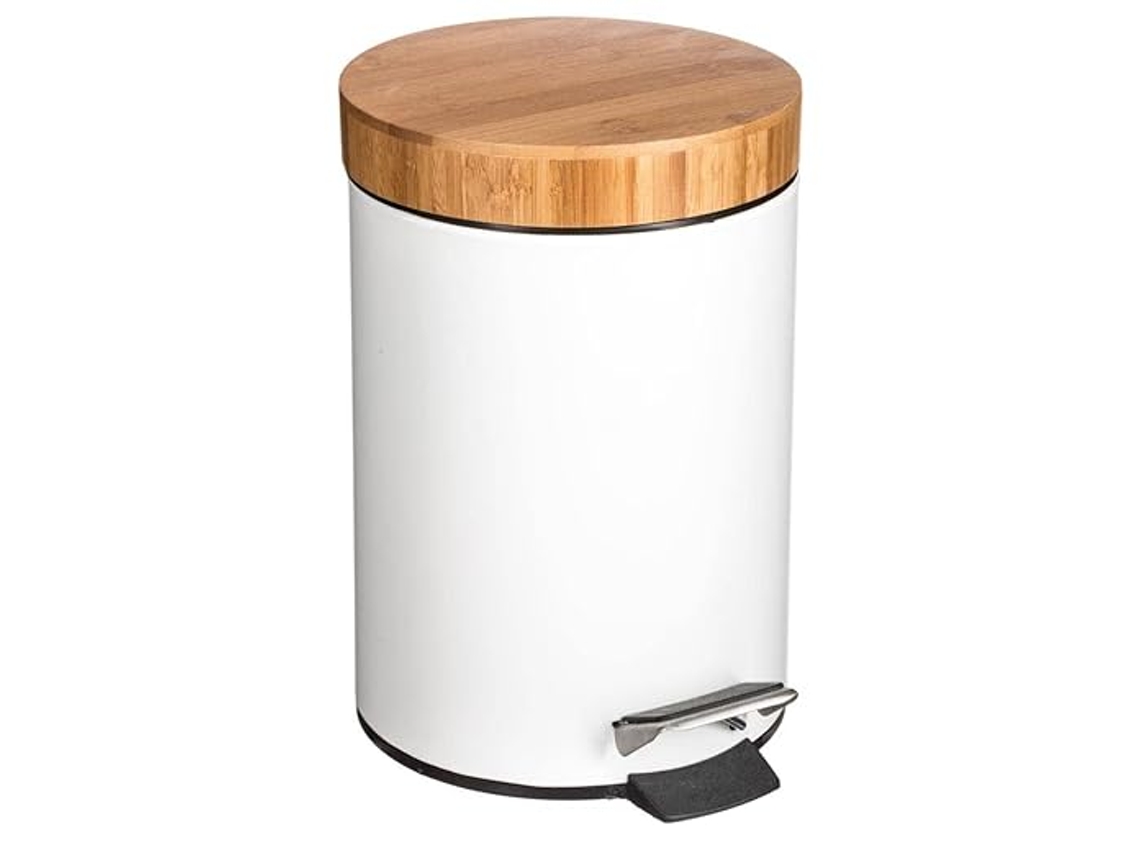 Cubo De Basura De 3 Litros Con Tapa De Bambú, Color Blanco Natural, Con Pedal