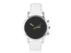 Reloj De Pulsera Analógico Redondo De Cuarzo Con Correa De Cuero Sintético Blanco Y Letras En Inglés.