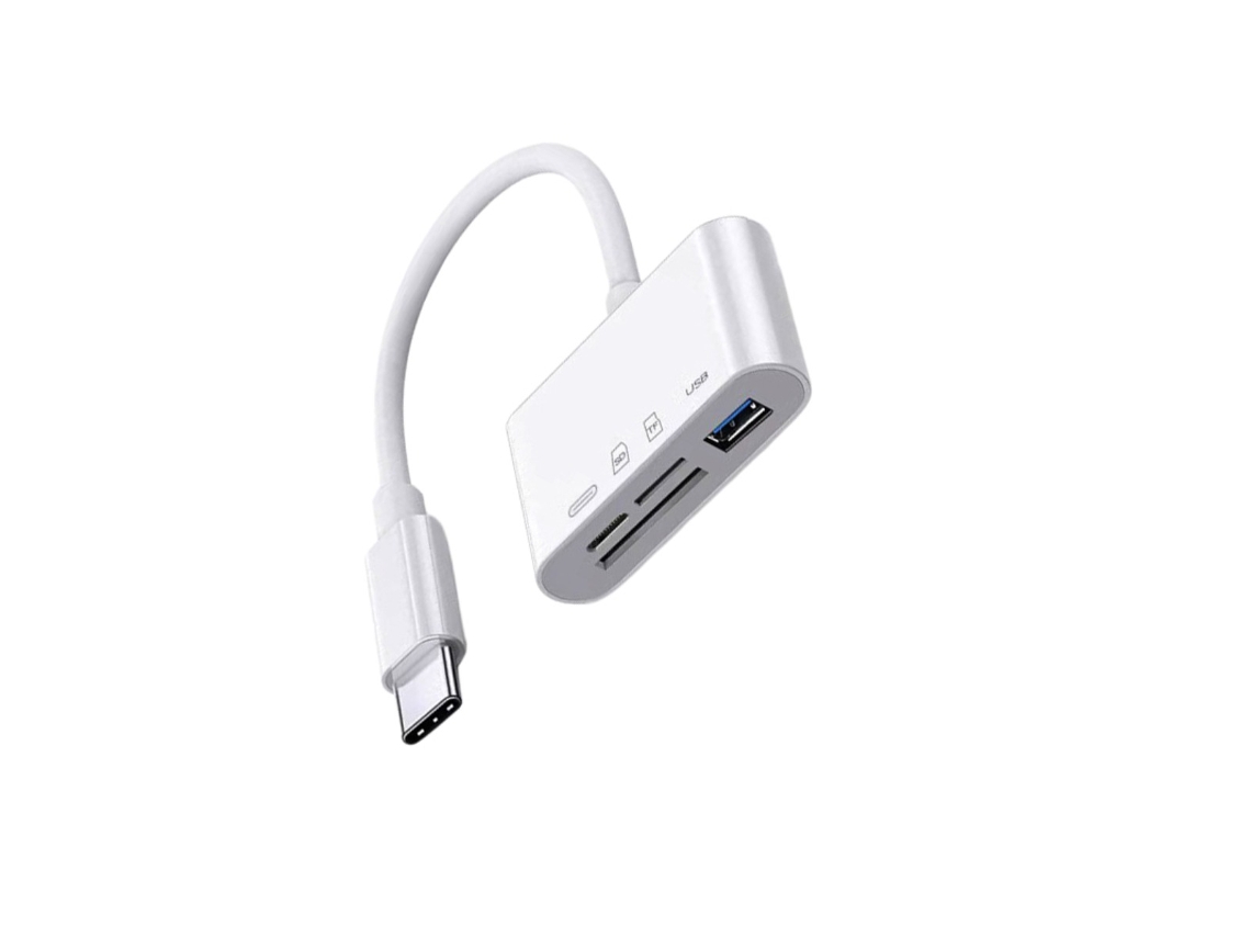 Adaptador Usb-c 4-em-1 Com Leitor De Cartões Sd/tf, Porta Usb-a E Carregamento Passante 9v/2a — Leitor Compacto Abs+tpe (branco)