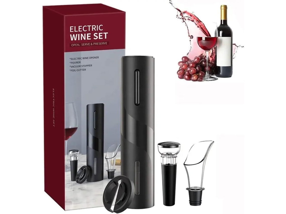 Abrebotellas Eléctrico A Pilas Con Cortador, Decantador Y Tapón (negro)