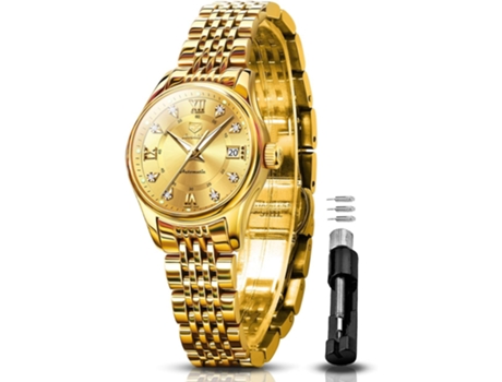 VEANXIN Reloj mecánico delgado impermeable de acero inoxidable dorado y plateado automático para mujer(Oro completo)