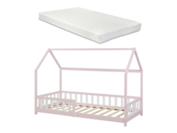 Cama infantil Hesel en forma de casa con reja y colchón 90x200cm - Rosa [EN.CASA]
