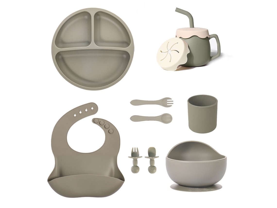 Juego De Vajilla Infantil De 10 Piezas, Plato De Silicona Con Ventosa. Verde Militar Czhhmart