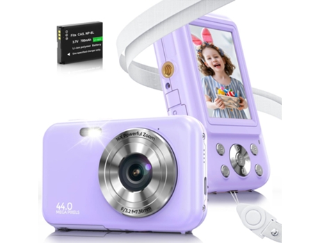 Cámara Digital Compacta para Niños TURMIN Dc406 FDH 44Mp Zoom con Enfoque Automático 16X Pantalla de 2,4 Pulgadas Morada