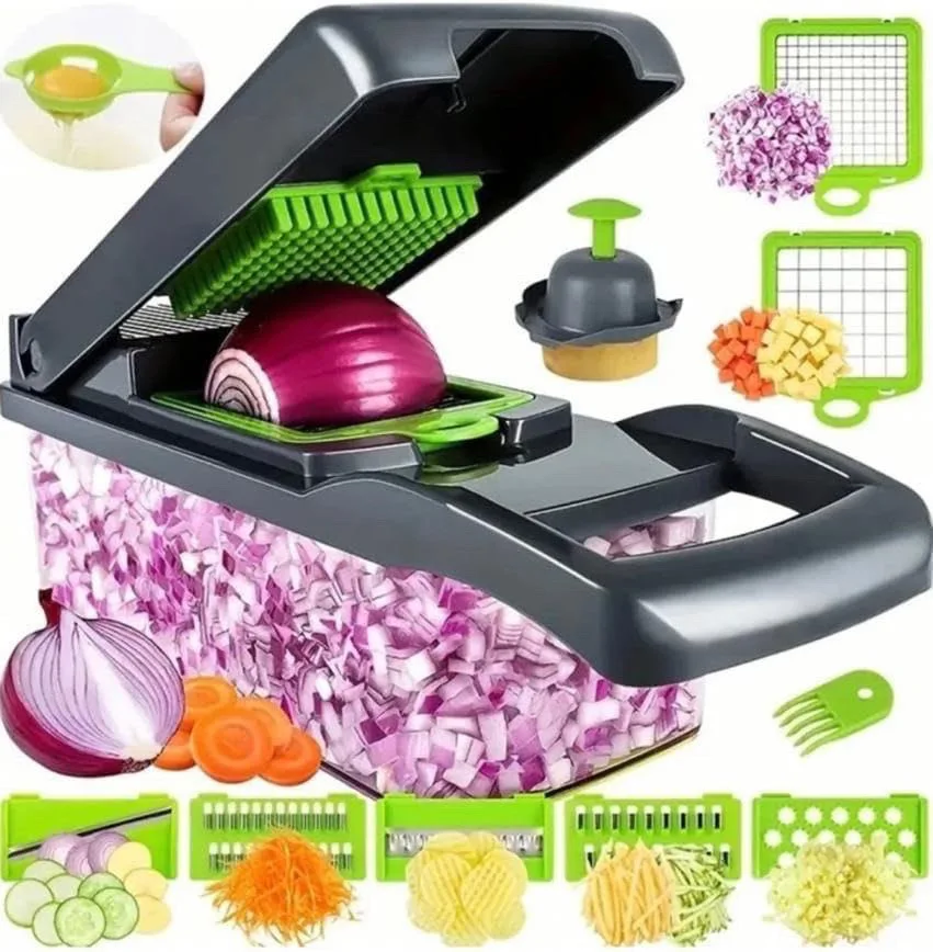 Cortador De Verduras Multifunción (14 En 1) Con Mango, Fabricado En Acero Inoxidable Y Plástico.