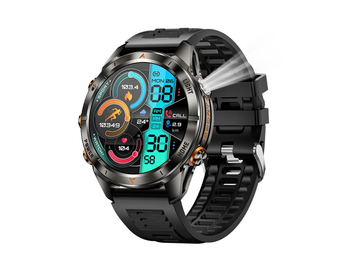 Reloj inteligente Senbono KT80 plateado con pantalla HD de 1,46 pulgadas, linterna, luz ultravioleta SOS, resistente al agua hasta 3 ATM, modos multideporte, Mdug