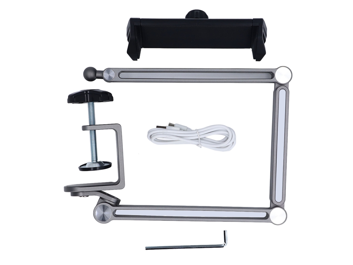 Soporte De Teléfono Y Tableta De Metal Con Pinza Brazo Largo 360° Rotación Plegable Para Cama Y Mesa Con Luz Ajustable Gris