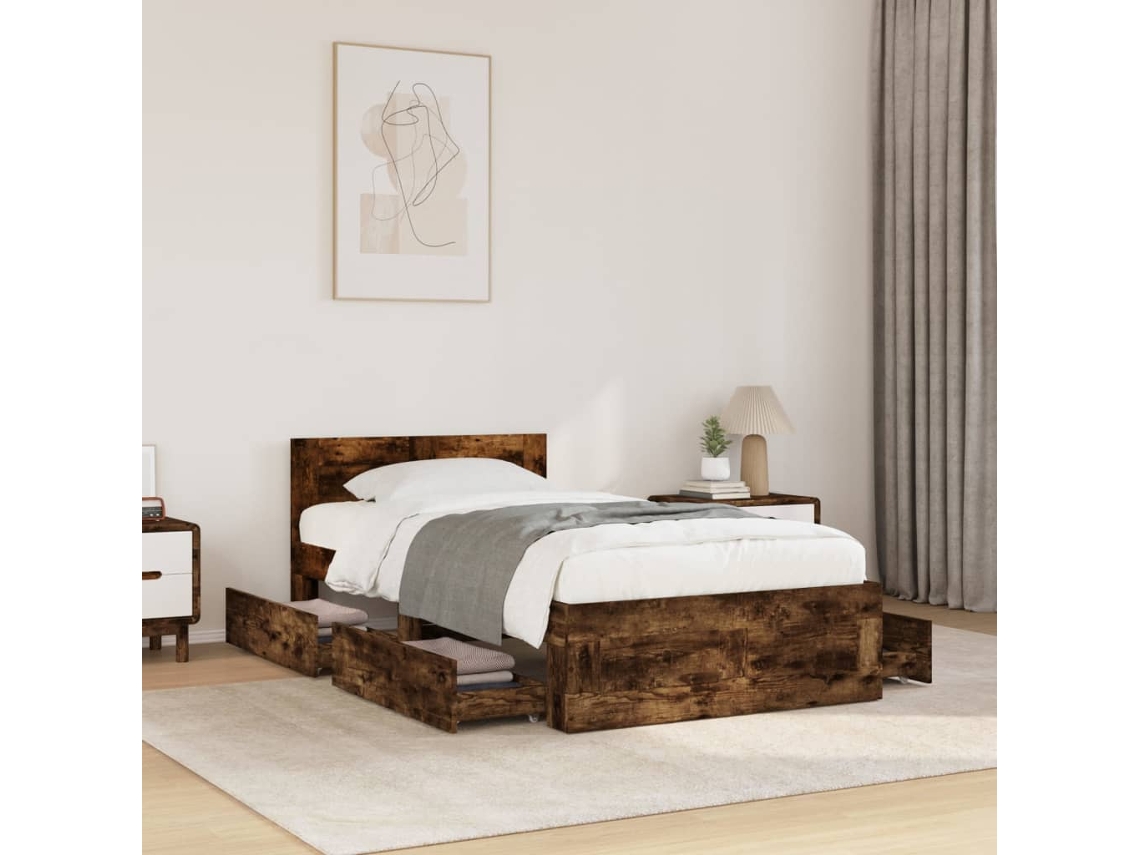 Cama Con Cabecero Madera De Ingeniería Roble Ahumado 100x200 Cm