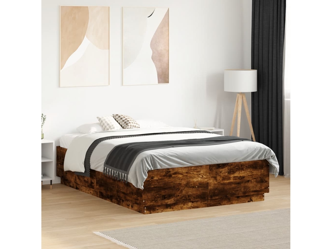 Estructura Cama Con Luces Led Madera Roble Ahumado 135x190 Cm