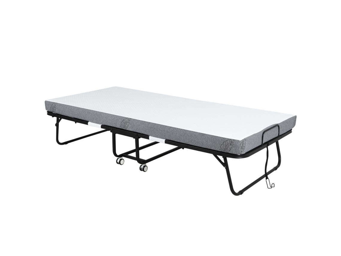 Cama Dobrável 200x90 Rodas Colchão 10cm Aço Portátil Camping Branco