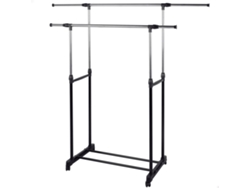 Perchero Max Home de doble barra, ajustable en longitud y altura, con ruedas y barra inferior para colgar ropa.