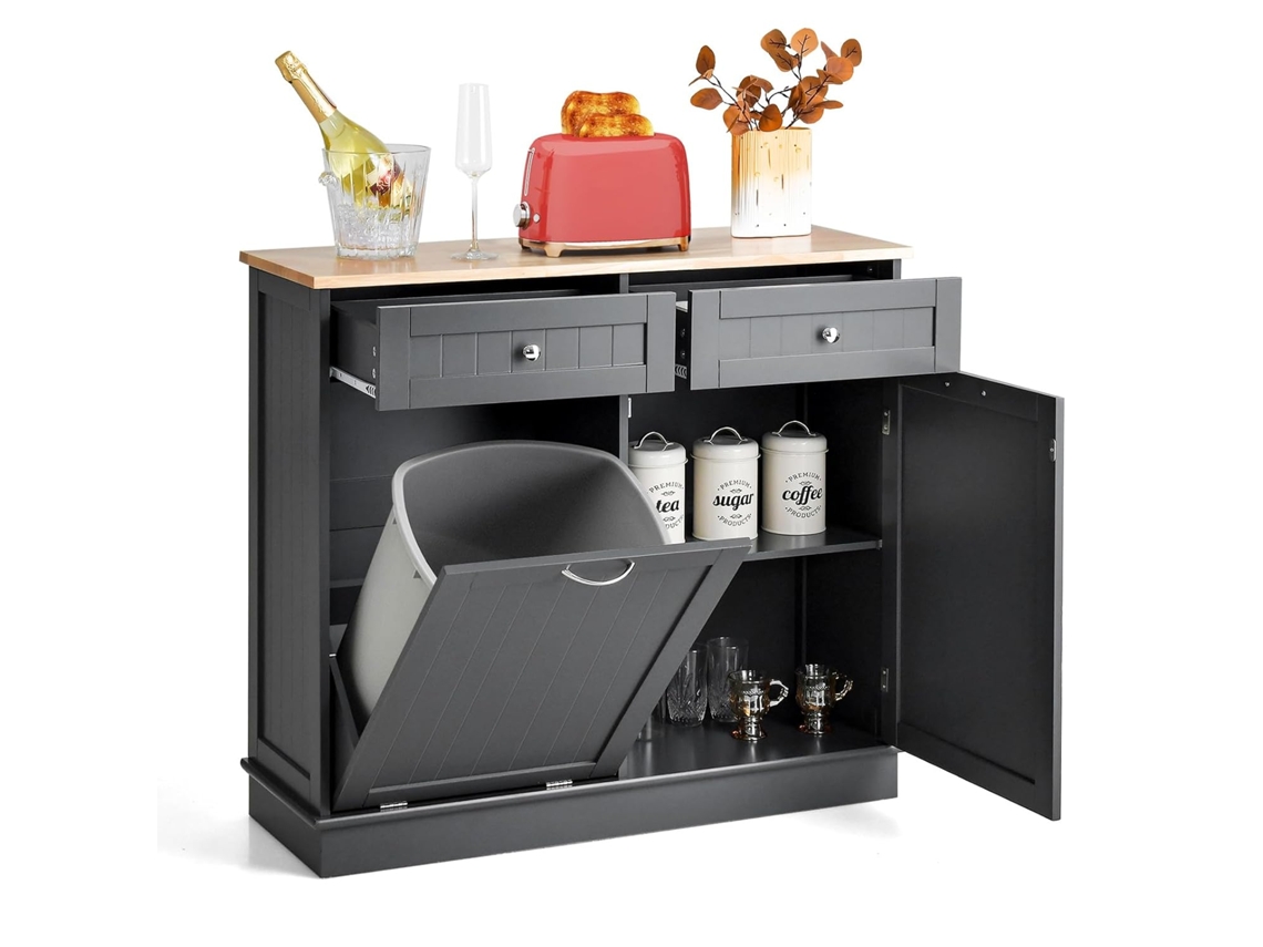 Carrito de Cocina, Armario de Basculante con Soporte para un Contenedor de Basura, Encimera de Madera de Caucho, 2 Cajones, Estante Ajustable (Gris) COSTWAY