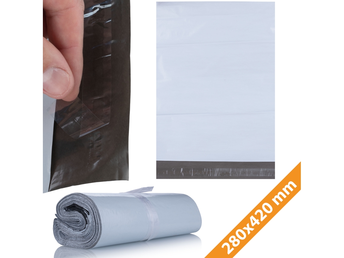 Sobre de plástico blanco para envíos, 280 x 420 mm – 100 unidades | LDPE resistente | Seguro y discreto