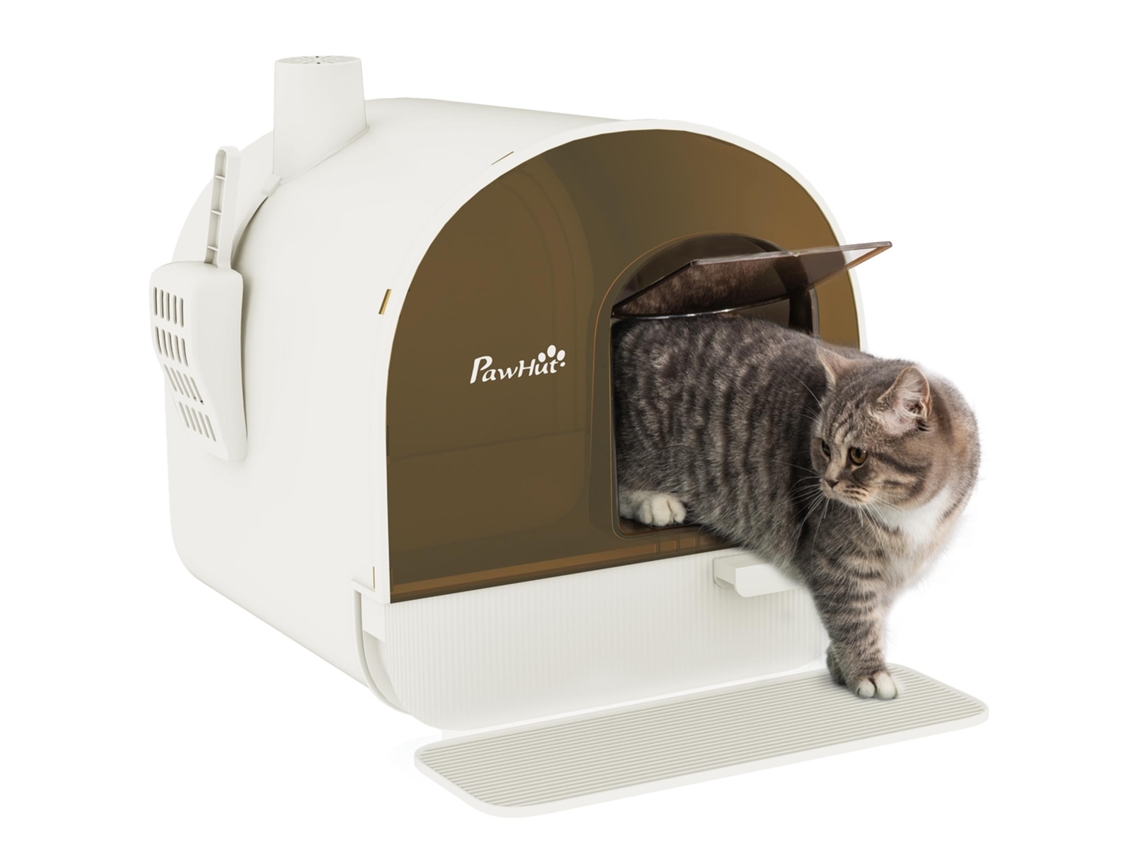 Arenero para gatos con puerta frontal, bandeja extraíble, pala, alfombrilla y filtro, 43x44x47cm, blanco, ZENCORE SERVICES