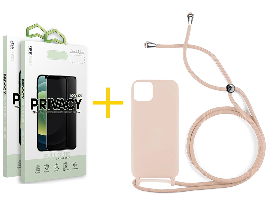Pack 2 X Película de Vidrio Templado Antiespia + Funda GANDY por Apple iPhone 16 Gel con Cordón Rosa Pastel