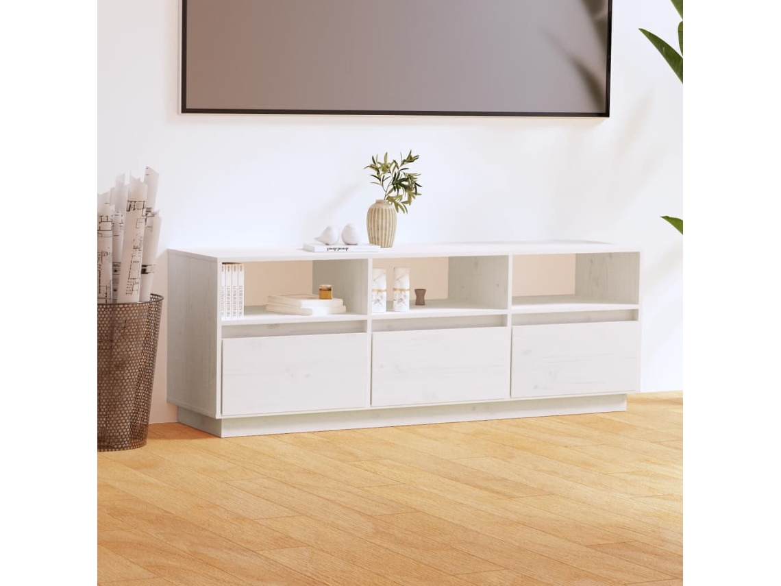 Mueble de Armario Tv 140X37X50 Cm Madera de Pino Maciza Blanco