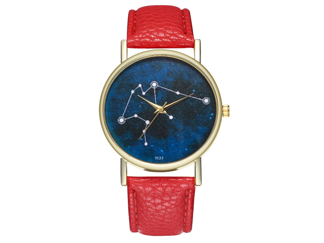 Reloj De Pulsera Unisex De Cuarzo Con Correa De Cuero Y Esfera Roja Estrellada.