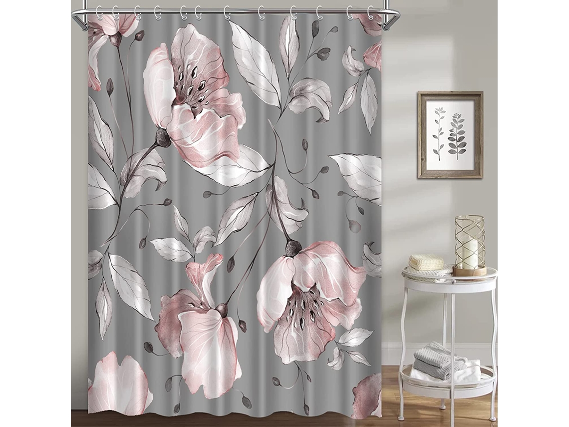 Cortina de ducha floral para baño, paquete de 12 ganchos de plástico, color gris Jortmrd