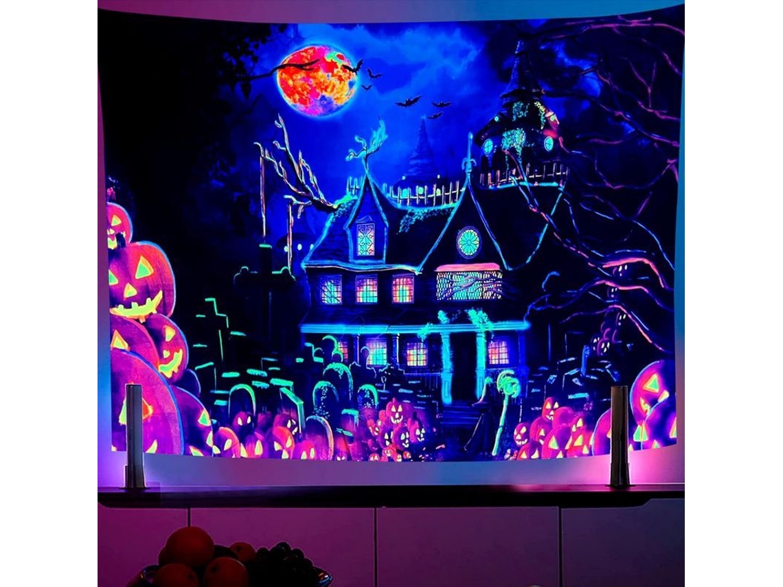 Tapiz Fluorescente Con Efecto De Luz Negra De Castillo, 230x180 Cm, Para Halloween, Con Diseño De Calabaza Y Murciélago.