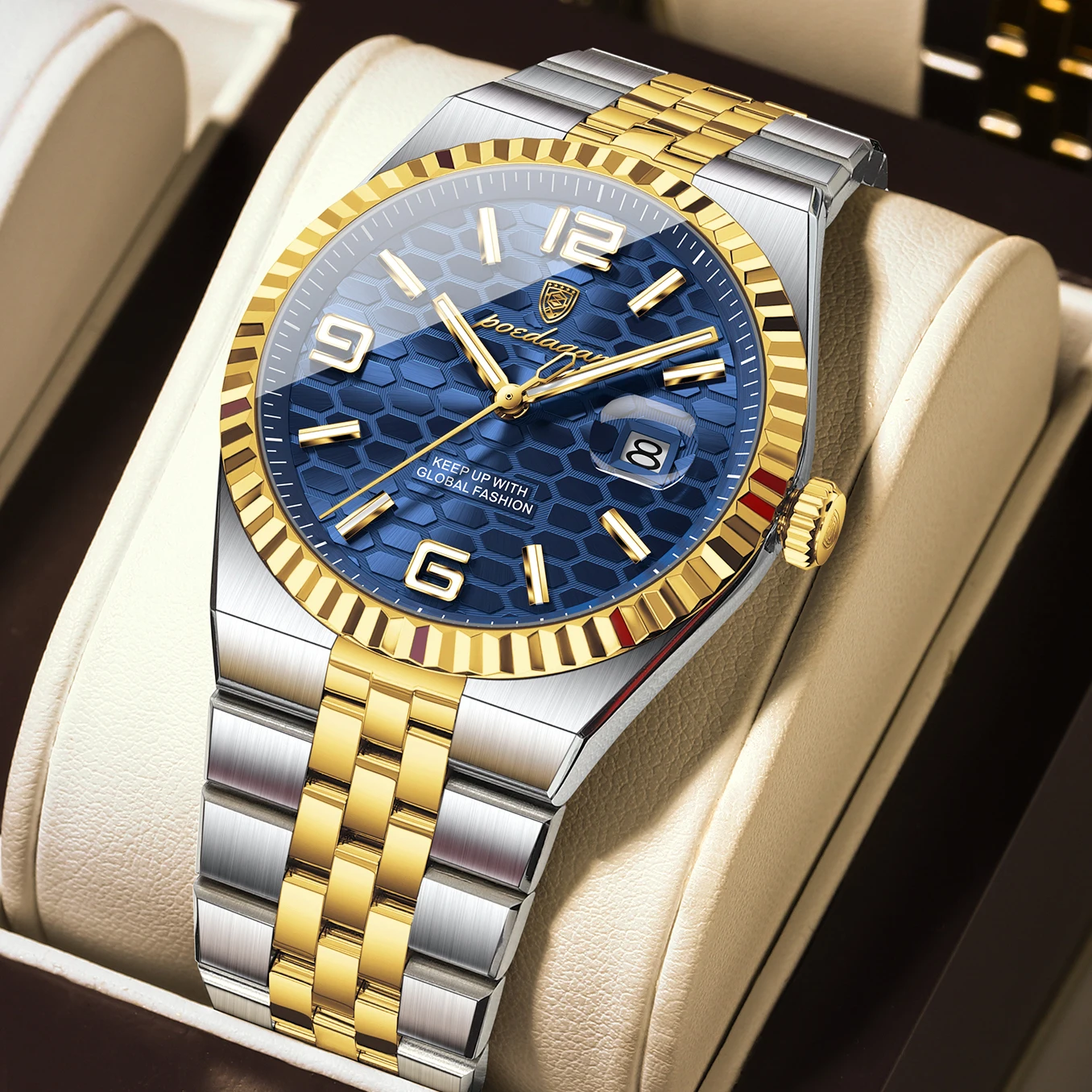 Reloj De Pulsera De Cuarzo Para Hombre, De Acero Inoxidable, Resistente Al Agua, Luminoso Y Con Indicador De Fecha (caja Dorada, Esfera Azul).