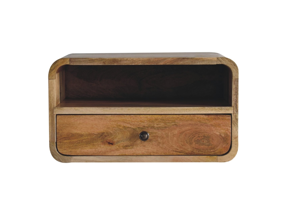 Cómoda grande de madera maciza de roble con diseño curvo colgante, 1 cajón y compartimento abierto, beige - Muebles Artisan