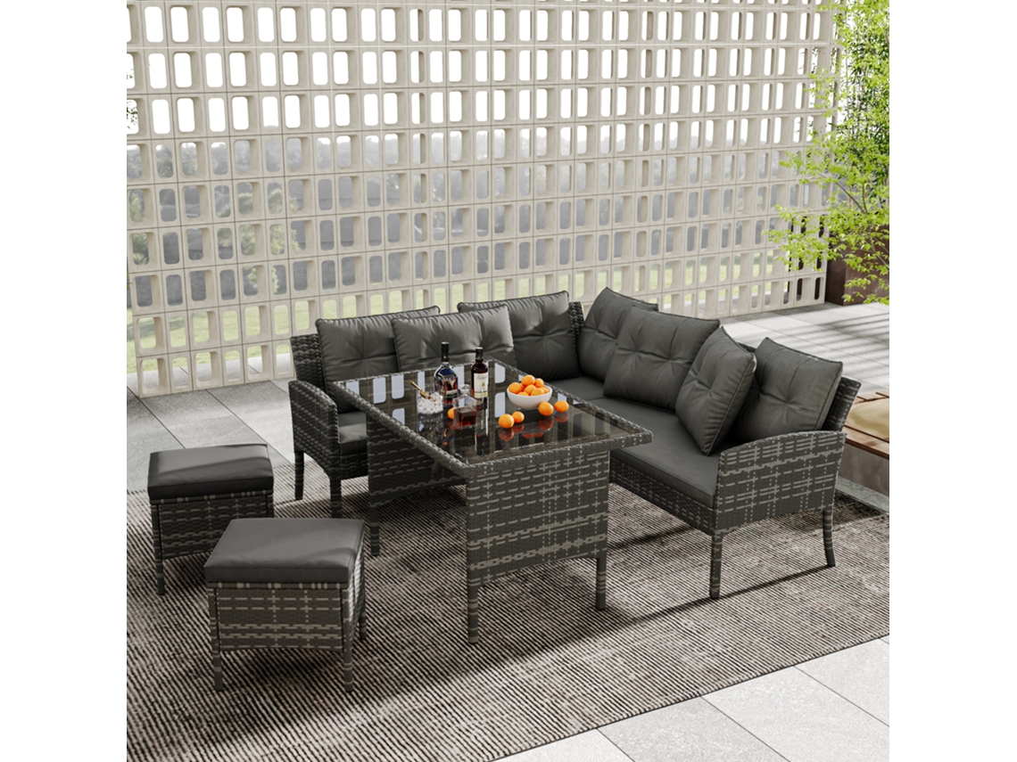 Set Lounge Jardín 7 Plazas, Sofá + Mesa + Puff, Ratán Poliéster Gris, Cojines Con Fundas Extraíbles Y Lavables