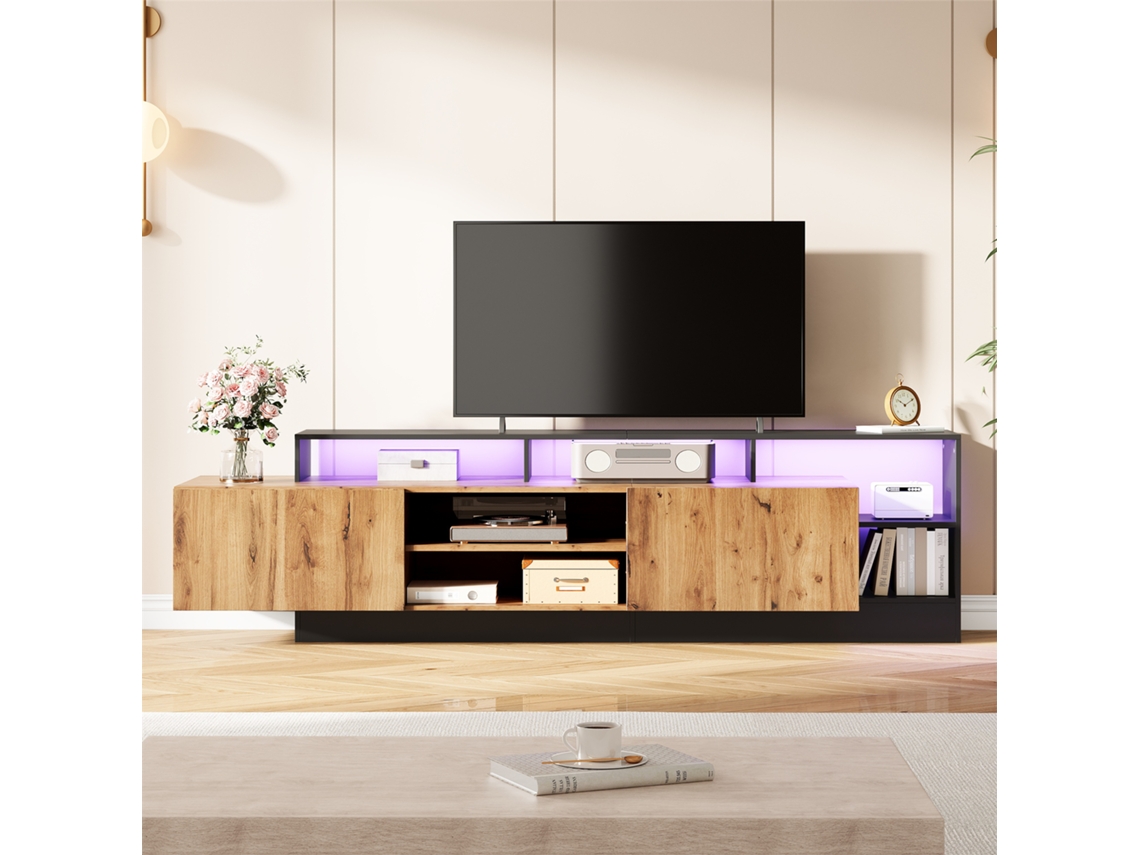 Mueble de TV moderno con LED, 2 puertas y 6 compartimentos abiertos, estilo negro y natural