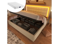 Cama Doble Tapizada De 160x200 Cm Con Somier De Láminas Led, De Piel Blanca Y Colchón.