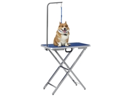 Mesa De Peluquería Canina Con Superficie Antideslizante, Patas Plegables Y Reposabrazos, 72x45x74-81 Cm, Azul.