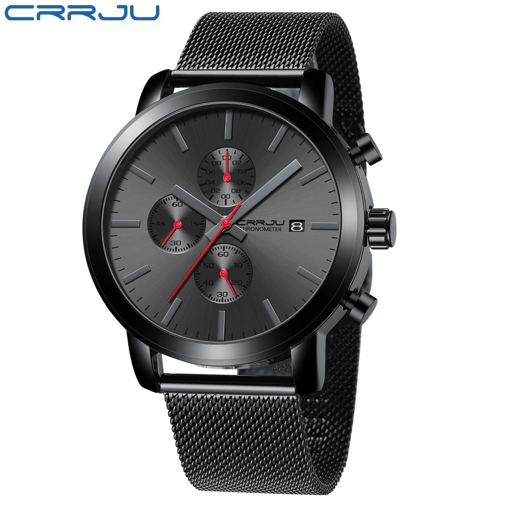 (Rojo) Reloj de pulsera multifuncional de acero inoxidable para hombre con correa de malla, resistente al agua.