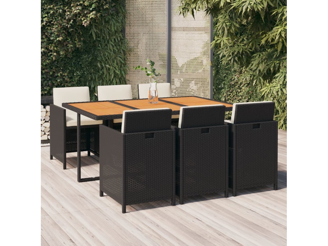 Juego de comedor de jardín de 7 piezas con cojines, mimbre sintético negro, DKD Home Decor