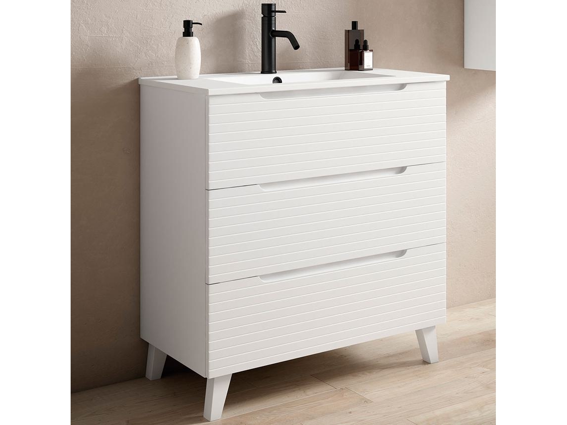 Mueble de baño con Lavabo BOREAL 100x45 cm acabado Blanco mate 3 cajones con patas