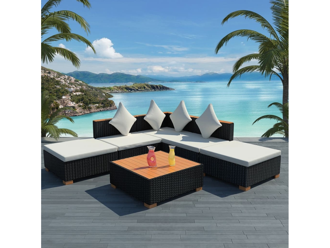 Conjunto de jardín DKD Home Decor de 6 piezas con cojines de mimbre negros