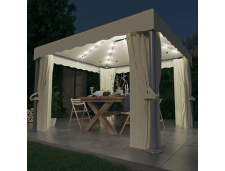 MAISON EXCLUSIVE Cenador con cortina y tira de luces LED aluminio crema 3x3 m