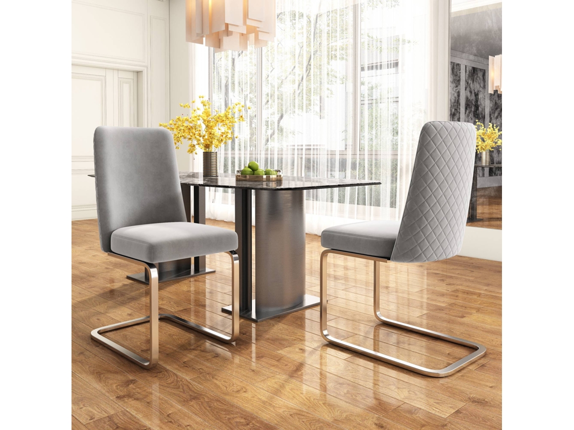 Juego de 2 sillas Cantilever de terciopelo, respaldo con diseño de rombos, base de metal plateado, estilo gris