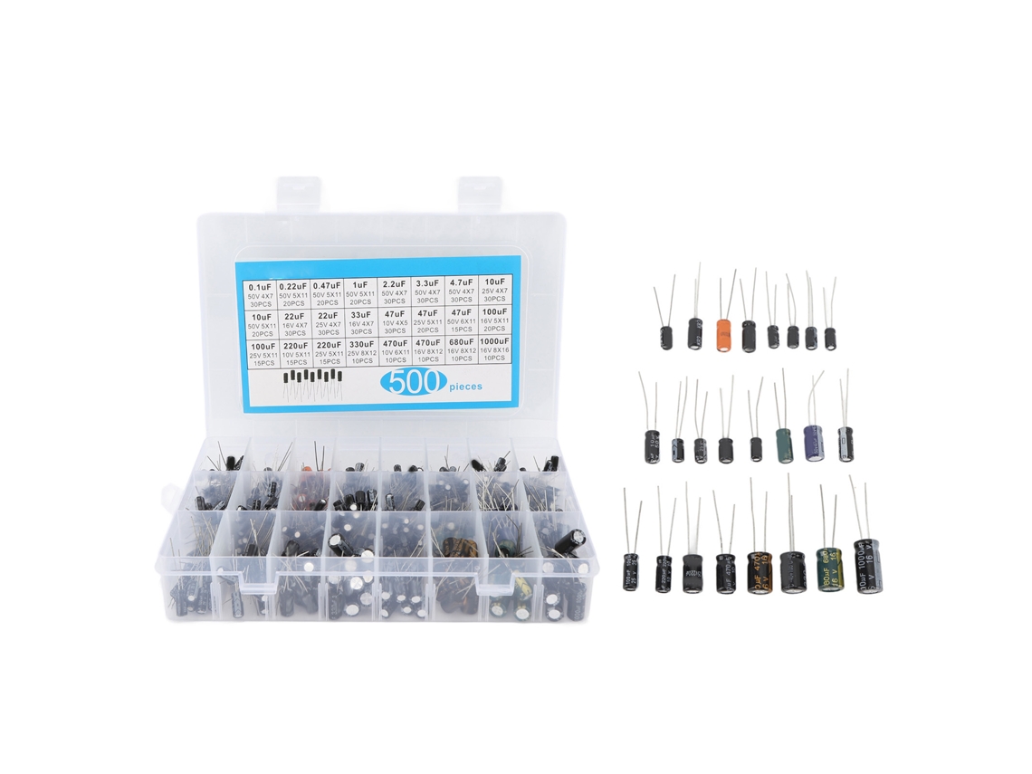 Kit surtido de 500 condensadores electrolíticos de aluminio de 0,1 µF a 1000 µF y de 16 V a 50 V con 24 valores.