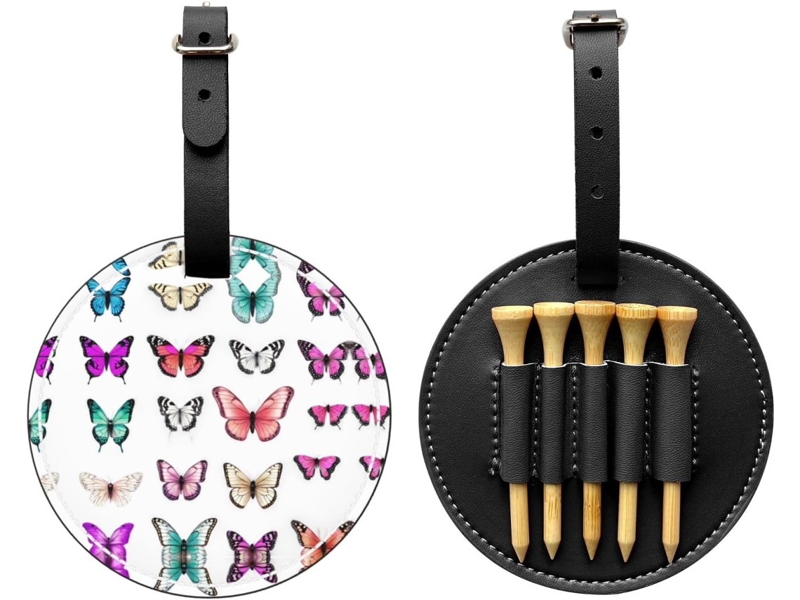 Bolsa para tees de golf con estampado de mariposas negras, fácil de transportar, sin marca.