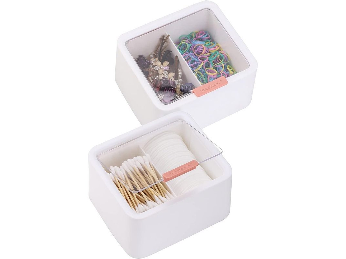 2026-2 Cajas De Almacenamiento Con 2 Dispensadores De Palillos De Algodón Independientes Y Porta Hilo Dental Para Baño Y Dormitorio (blanco)