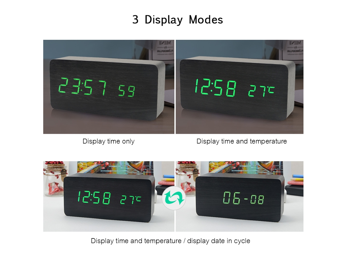 Reloj despertador digital LED Baok con hora/temperatura/fecha, 3 niveles de brillo, control por voz, alimentación USB o a pilas - Negro