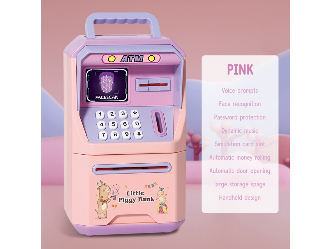 Caja fuerte infantil tipo cajero automático con asa, desbloqueo por contraseña y huella dactilar, música y divertida función de hucha. Aeuzwr