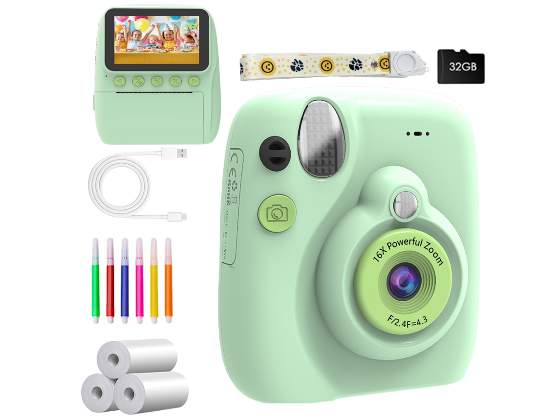 Cámara instantánea, cámara de impresión infantil con tarjeta de 32 GB (verde claro) Spqment
