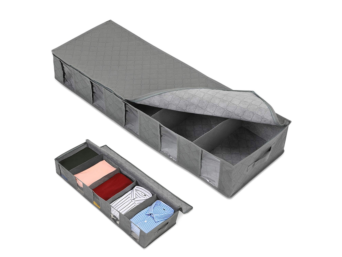 Caja de almacenamiento gris no tejida debajo de la cama, bolsa plegable a prueba de polvo y humedad para guardar ropa y edredones.