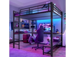 Cama Alta De Hierro De 140x200, Escritorio, Barandilla, Escalera, Estantes, Usb, Panel Led, Negro.