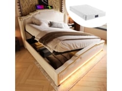 Cama Doble De 140x200 Cm Con Sistema Hidráulico, Iluminación Led, Conexión Usb-c Y Colchón De Terciopelo Beige Incluido.