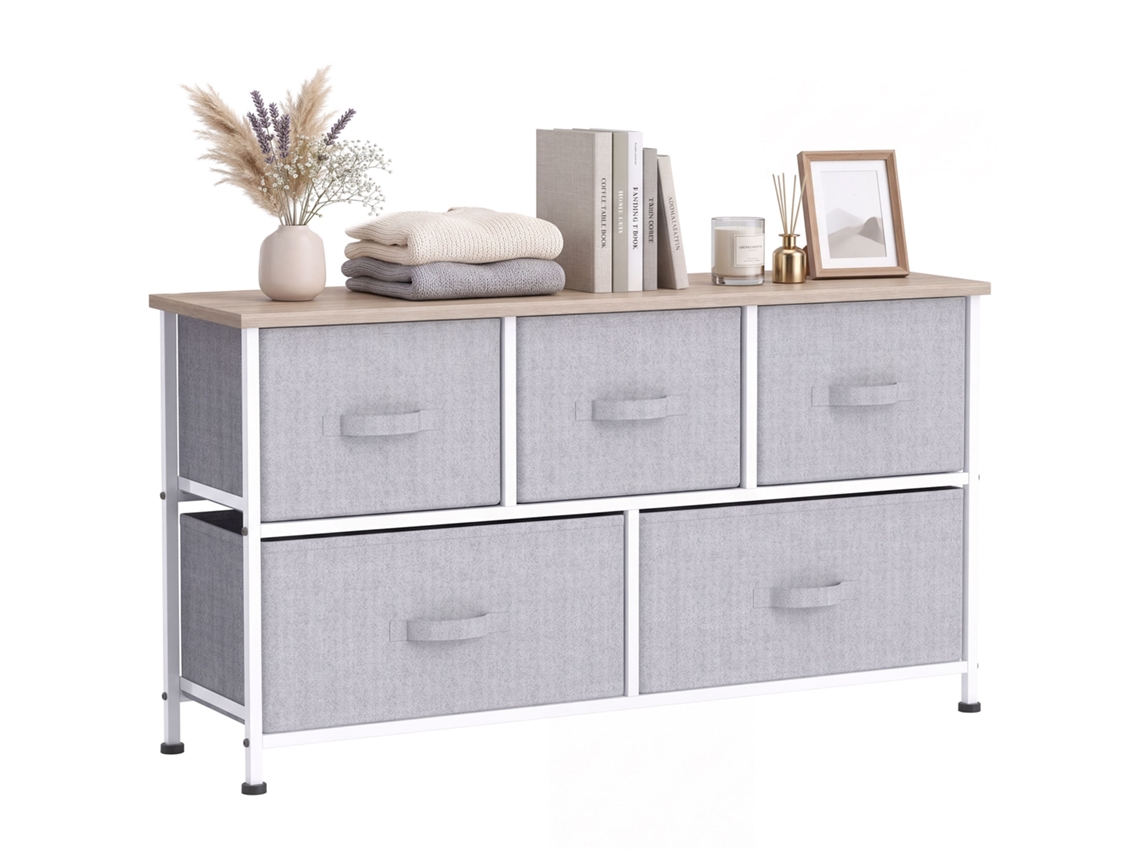 Cómoda De 5 Cajones, Tela, Estructura Metálica, Juego De Dormitorio Gris