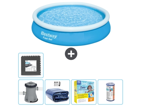 Piscina hinchable redonda Fast Set BESTWAY - 366 x 76 cm - Azul - Bomba incluida Vela solar - Paquete de mantenimiento - Filtrar - Baldosas