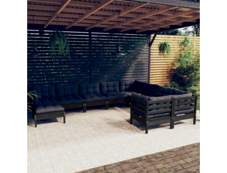 Conjunto 10 Muebles de jardín VIDAXL con cojines negro madera de pino