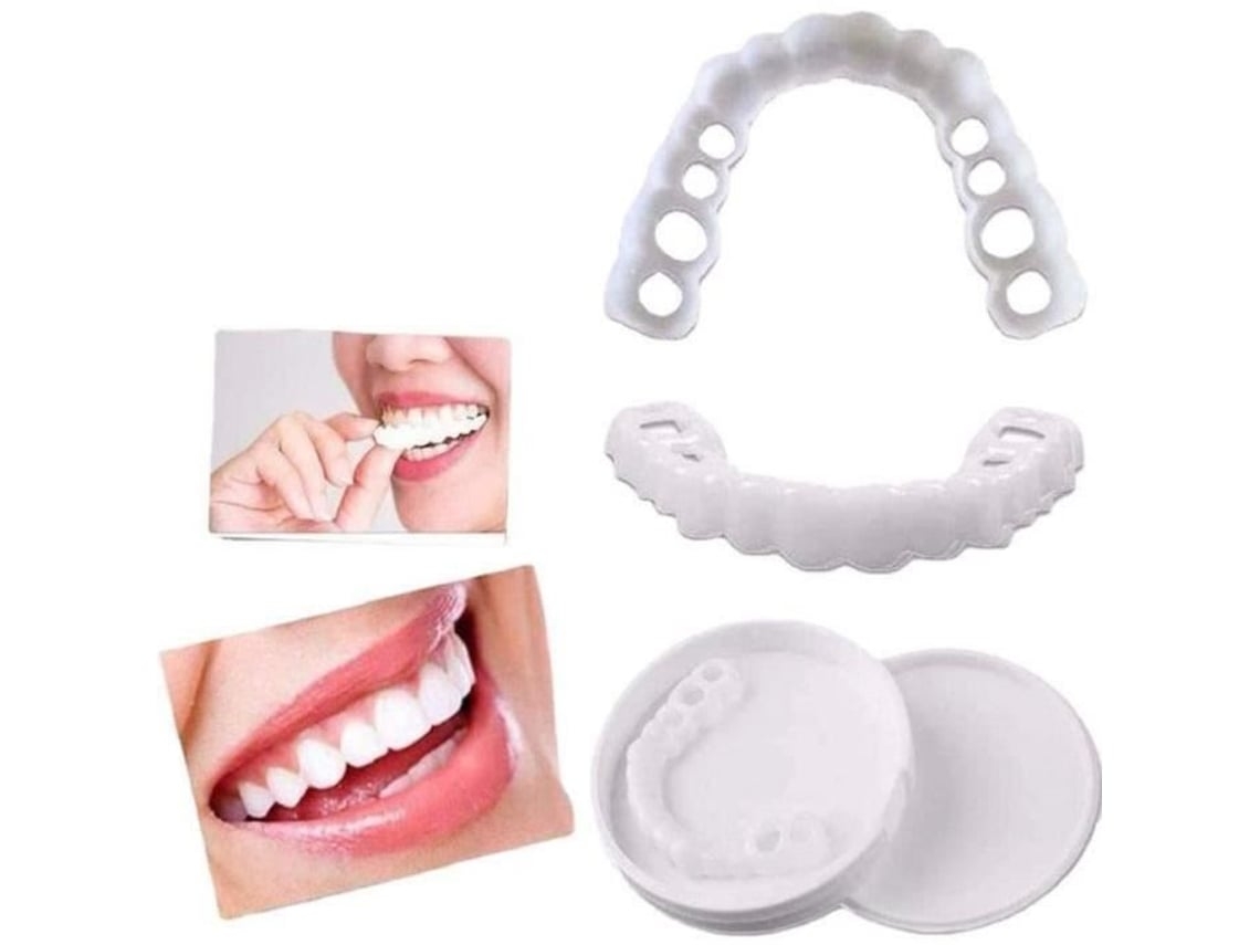 Dos hermosas prótesis dentales adhesivas y prótesis dentales temporales de silicona con arcos superior e inferior.